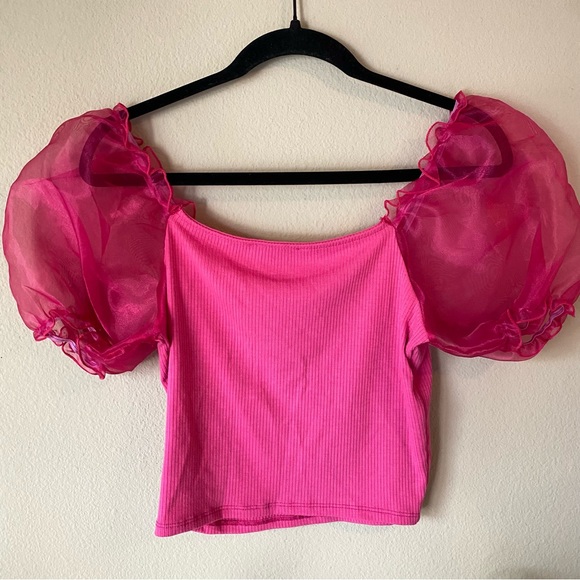 Altar’d State Fuchsia Pink Crop Top Ribbed Blouse Sheer Puffy Sleeves Summer - Picture 2 of 4